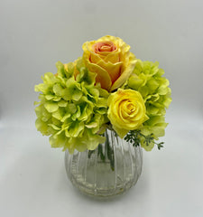 Green hydrangea, rose vase